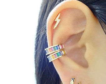 Rainbow Baguette Ear Cuff Gold | Multicolor No Piercing Necessary Cuff Gold