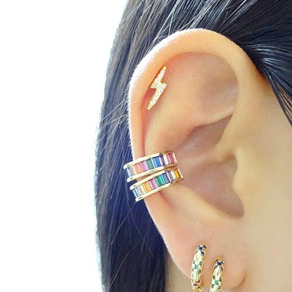 Rainbow Baguette Ear Cuff Gold | Multicolor No Piercing Necessary Cuff Gold