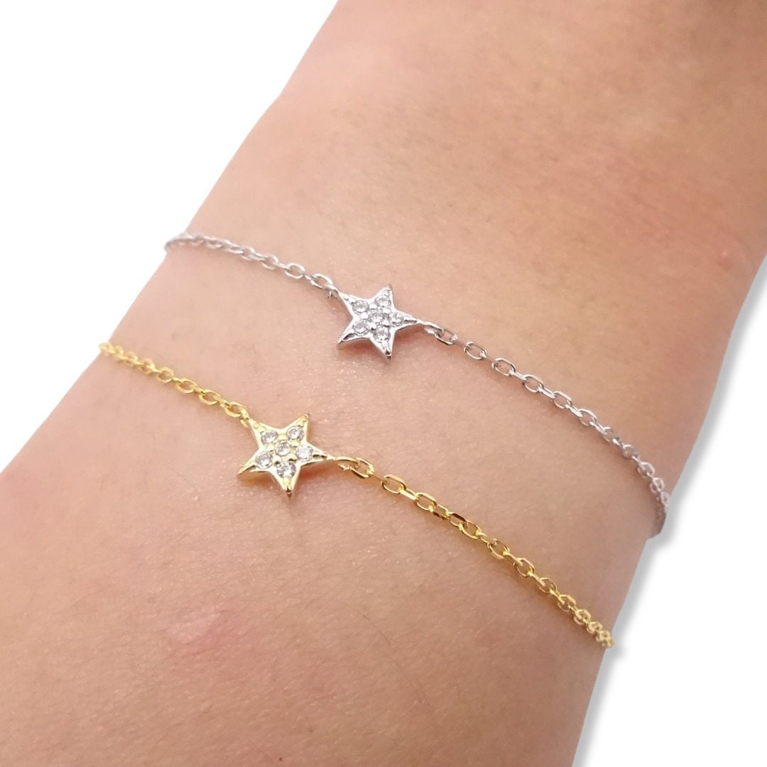 14k Yellow Gold Bracelet Pave Star CZ Diamonds Tiny Star Bar Etsy