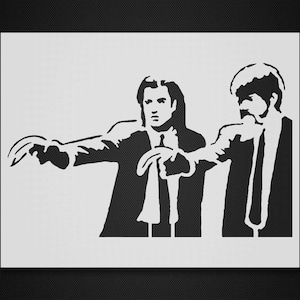 May include: Black and white stencil of two men, one pointing with his right hand and the other with his left hand. The man on the left is wearing a suit and tie, and the man on the right is wearing a suit and tie.