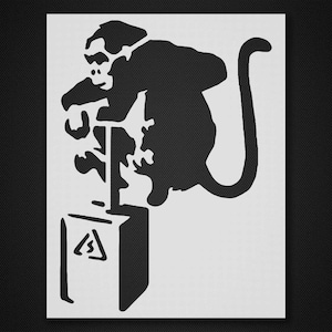 May include: Black and white stencil of a monkey sitting on a box with a warning sign. The monkey is holding a detonator in its hand.