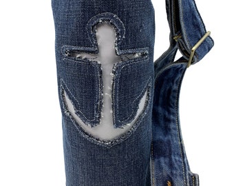 Sustainable Water Bottle Tote - Recycled Blue Jeans with Reverse Appliqué Anchor from Recycled Sails