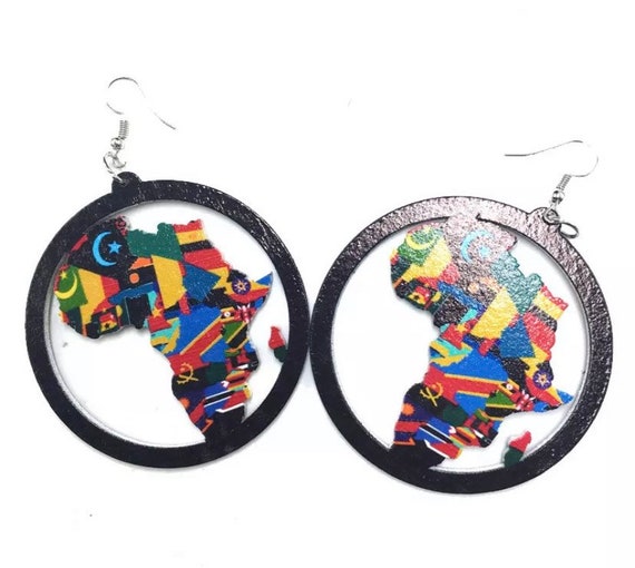 Africa Map Wooden Earrings Wood Earrings African Flags Multi Colour 