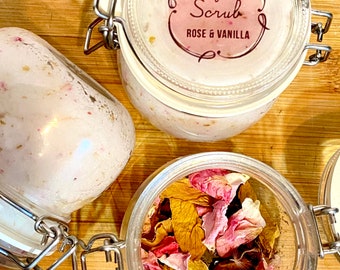 Rose Vanilla Sugar Scrub, Organic Coconut Oil Body Exfoliator (Reusable Jar)