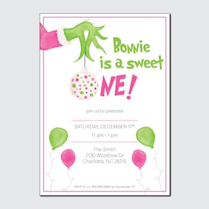 May include: A pink and green invitation card with a Grinch-like hand holding a pink and green polka dot ornament. The text on the card reads "Bonnie is a sweet one!" and includes details for a birthday party.