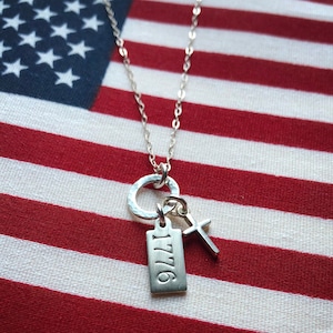 Silver 1776 charm necklace with cross. Patriotic jewelry for women. Conservative gift ideas