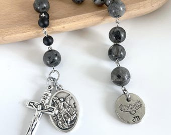 Personalized black labradorite pocket decade rosary, handmade catholic gift for men