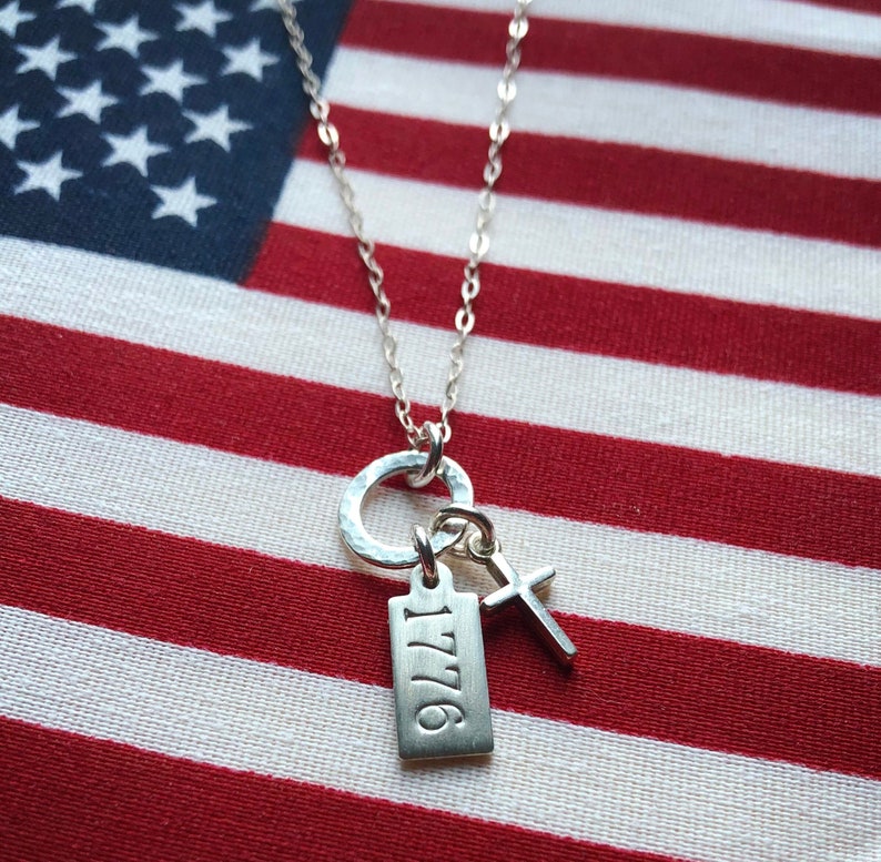 Silver 1776 charm necklace with cross. Patriotic jewelry for women. Conservative gift ideas