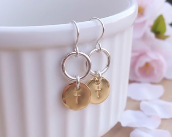 Dainty cross mixed metal gold fill and silver earrings gifts for her
