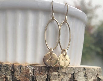 Gold filled oval hoop cross earrings, Christian jewelry gifts for women, Faith earrings