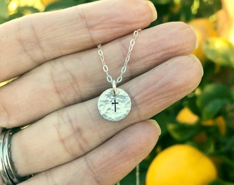 Dainty silver cross disc necklace, minimal everyday cross jewelry