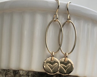 Gold filled oval hoop heart earrings, jewelry gifts for women, valentines earrings