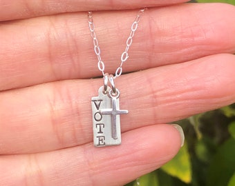Vote silver necklace with cross, election jewelry, dainty vote pendant