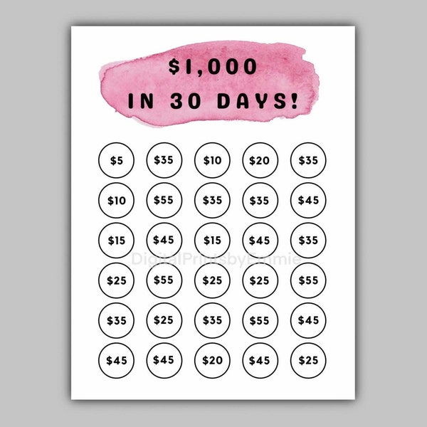 Money Saving Challenge Printable | Save 1000 in 30 Days! | Savings Tracker | Simple Pink