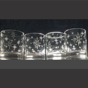 Set of 4 - Hand Etched Starburst Rocks Glasses 10 oz.