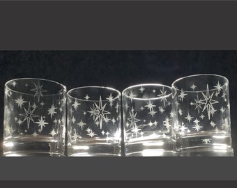 Set of 4 - Hand Etched Starburst Rocks Glasses 10 oz.