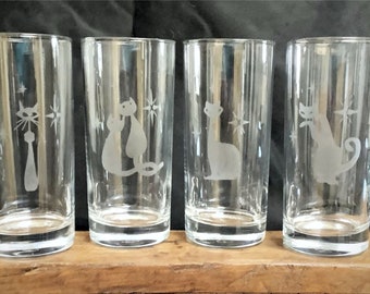 Set of 4 Hand Etched Retro Atomic Cat Cooler/Hi Ball - 12.75 oz.