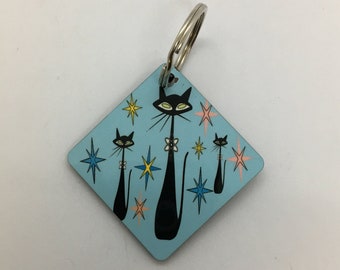 Atomic Cat Key Chain - Turquoise Square