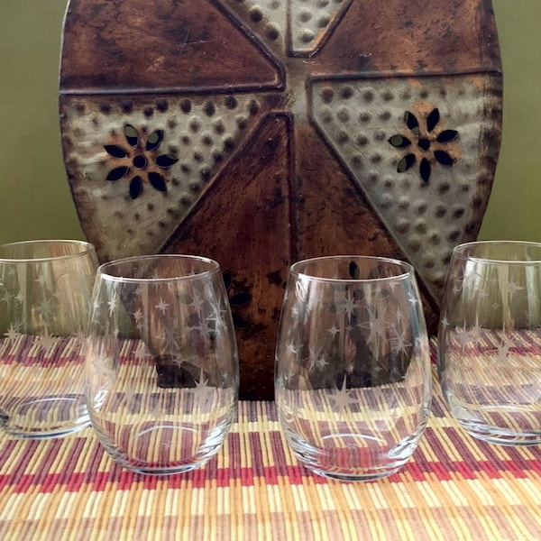 Lot de 4 verres à vin sans pied gravés Starburst Mid Century Modern - 15 oz.