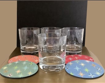 Set of 4 - Starbust Old Fashioned Hand Etched Glasses with Starburst Coasters