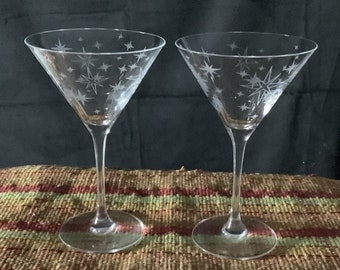 Retro Starburst Martini Glasses Starburst Etched Cocktail Glasses Gift Set of 2 Mid Century Lover Martini Barware Atomic Era Starburst 10 oz