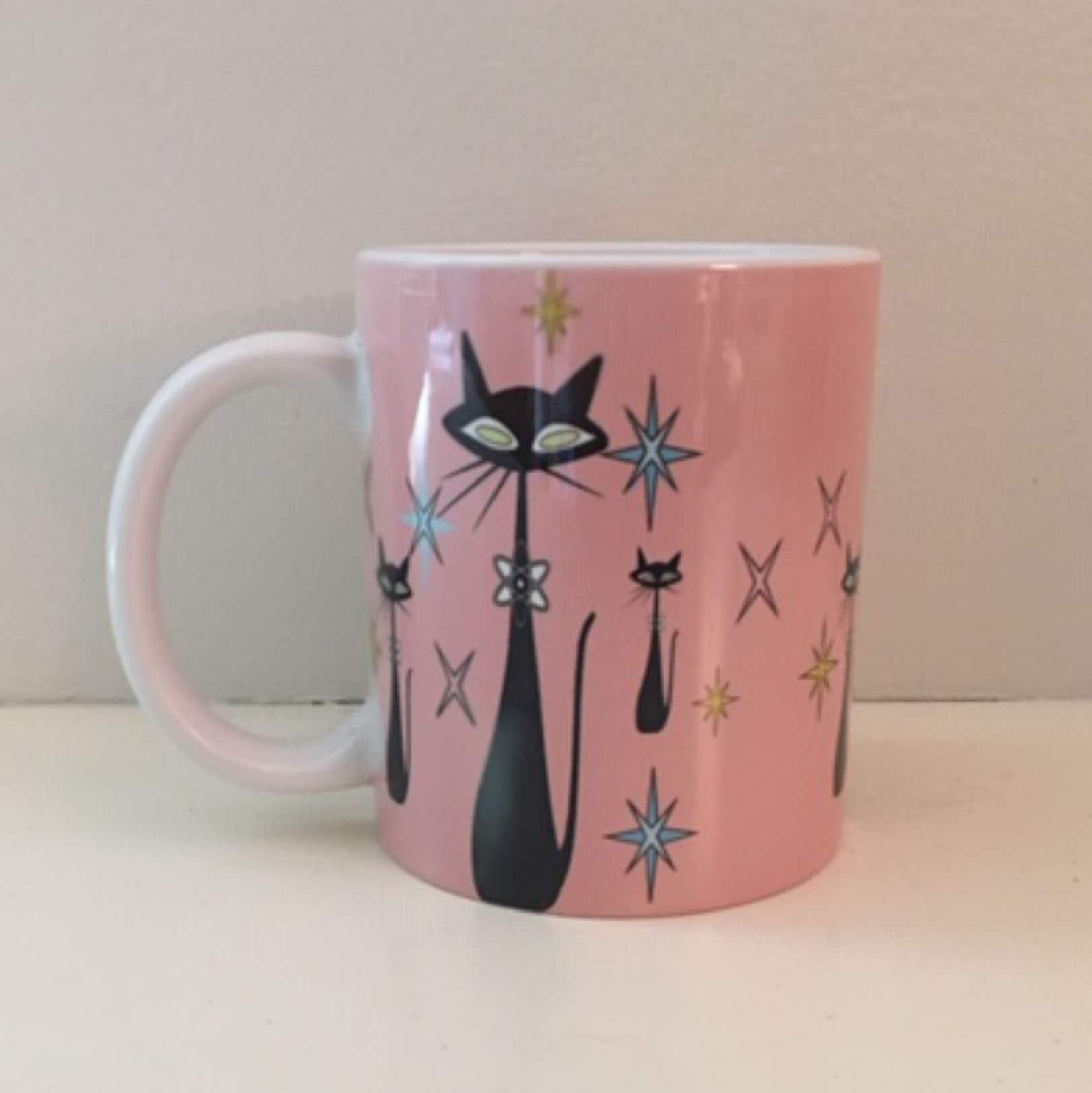 Round Coaster Cat Design Set of 11 OZ Mug Ceramic Coffee Water Porcelain Cup 