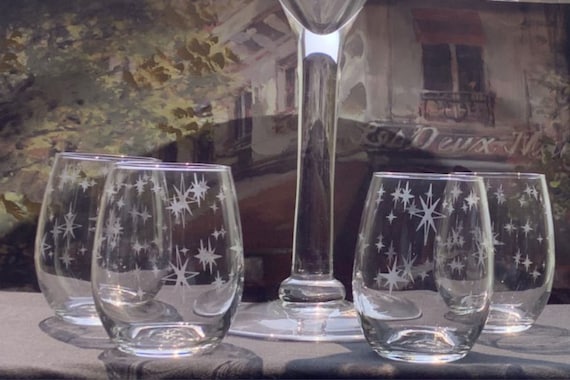 Set of 4 Starburst Mid Century Modern Etched Stemless Wine Glasses 15 Oz. 