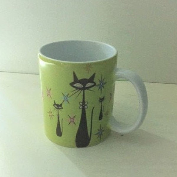 Atomic Cat Mug Ceramic Chartreuse Coffee Cup - 11 oz.