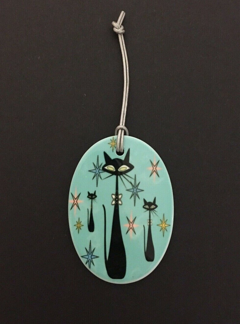 Atomic Cat Ceramic Oval Ornament Turquoise image 1