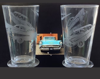 Retro 57 Chevy Hand etched - Set of 2 - 16 ounce tumbler