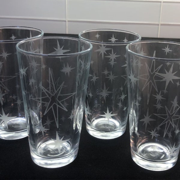 Starburst set of 4 - Retro Designed 16 oz. glass - Individually hand etched