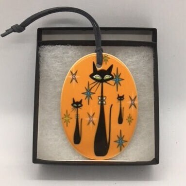 Atomic Cat Ceramic Orange Oval Shaped Ornament -
