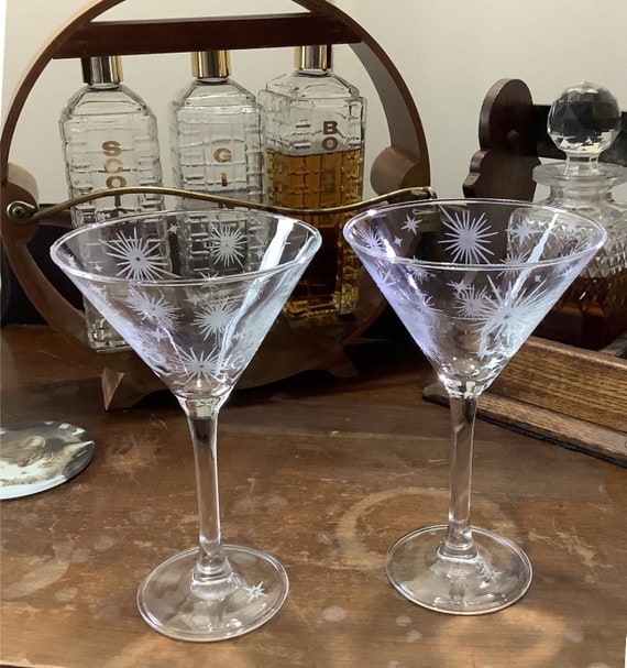 Atomic Era Etched Martini Glass Starburst Mid Century Glassware 
