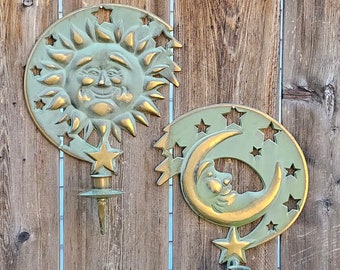 Vintage Partylite Celestial Sun, Moon, Stars Wall Hanging Sconces Candlestick Holders - Brass & Green Patina, Tapered Candlestick Lanterns