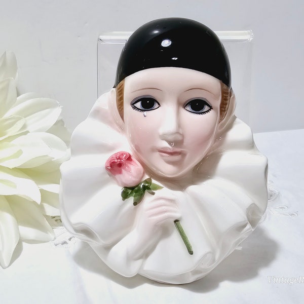 Vintage 1981 Schmid Japan Michel Oks French Pantomime Mime Pierrot Love Holding a Rose Flower Ceramic Wall Hanging Ornament - Clown Jester