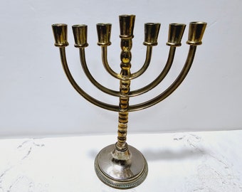 Vintage 7" Hanukkah Menorah 24K Gold and 925 Silver Plated Signed AMY Artwork Copyright Israel - Jewish Seven Branch Mini Candle Holder