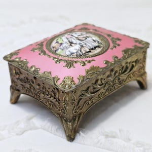 Vintage Jewelry Trinket Box Footed, Featuring Gold Gilt, Cameo, Hollywood Regency Style, Embossed Leaves and Scrolls, with Red Velvet Lining
