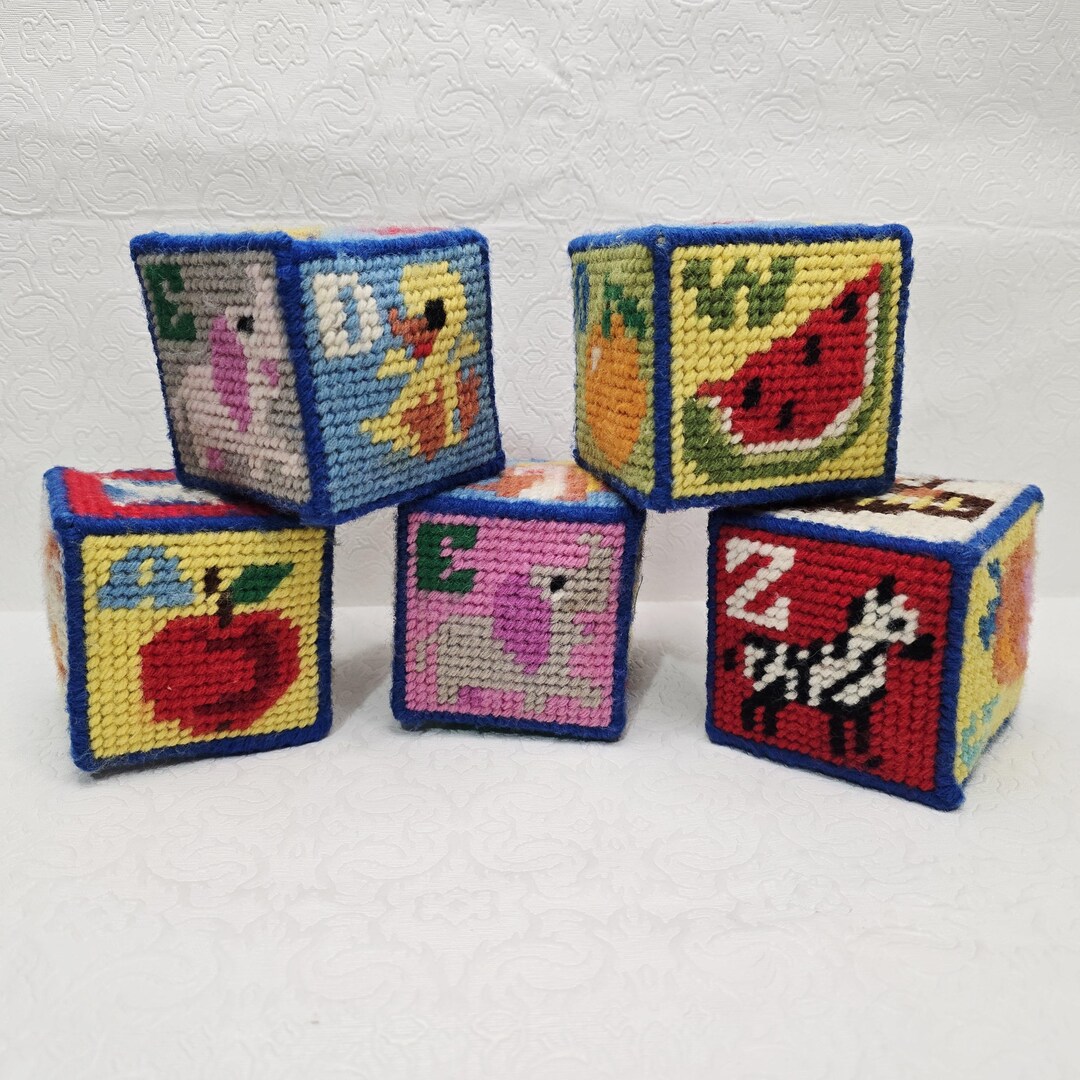 Vintage Needlepoint ABC Baby Rattle Blocks Nursery Décor Handmade Soft ...