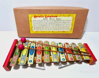 Vintage Tin Toy Metallic Xylophone Musical Instrument F.M.T Japan - Includes Fold Out Stand, Mallets, Original Box - New Baby Shower Gift