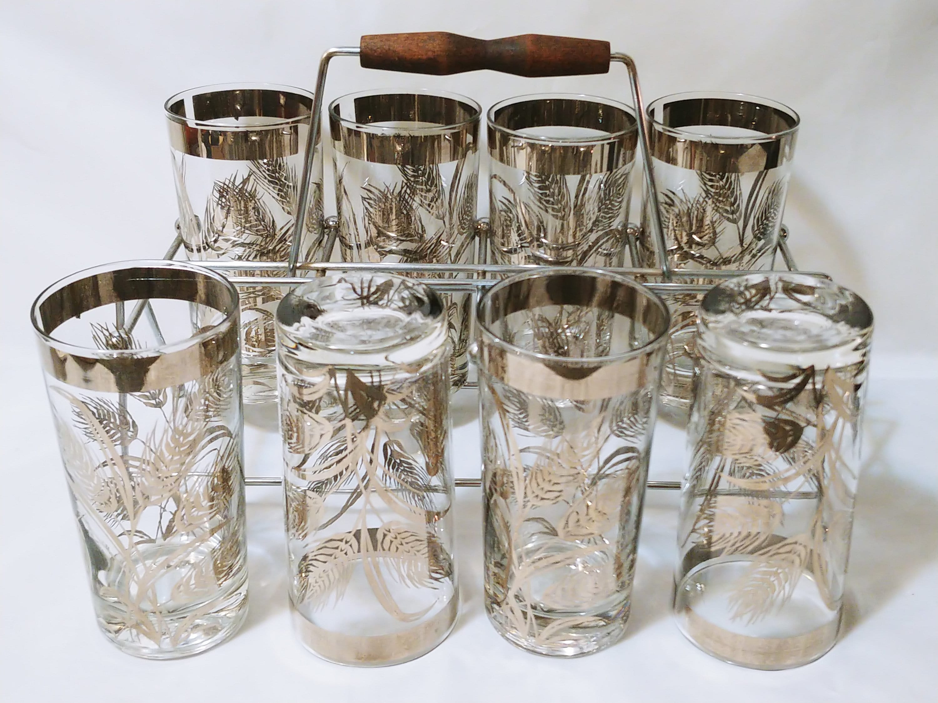 Vintage MCM Drinking Glasses with Caddy Gold Rim with Wheat Etsy