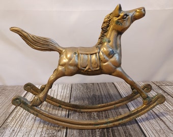 Vintage Solid Brass Rocking Horse - New Baby Nursery Gift - Rustic Primitive Loaded with Patina Brass Home Decorating- Equestrian Home Decor