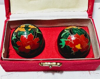 Vintage Large Chinese Chiming Baoding Balls - Shouxing Cloisonné Enamel Floral Design - Zen Meditation Therapy Stress Balls Harmony Balls