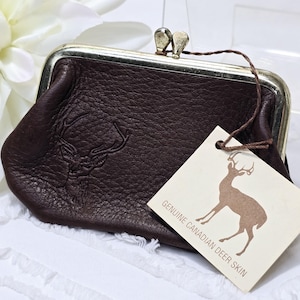 Porte-monnaie vintage en cuir véritable en peau de cerf canadien - Pochette en cuir marron - Fabriqué au Canada - Pochette MMJ