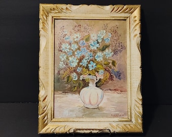Vintage Framed Still Life Oil Painting Flower Bouquet in Fluted Vase - Forget Me Not Floral Oil Painting Gallery Wall Art Signed M. Woznuk