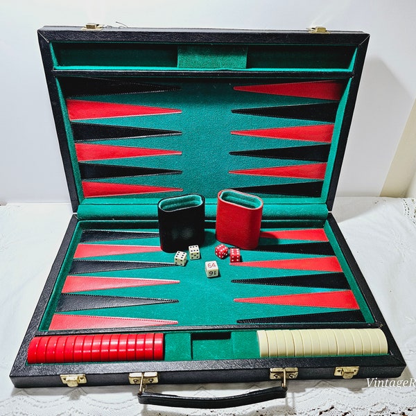 Vintage Deluxe Backgammon Board Game Set - 18 1/2" length - Original Black with Green Red Stripes Hard Case - Two Player Strategy Board Game