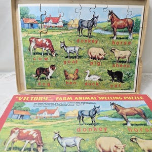 Vintage VICTORY Wooden Jigsaw Puzzle by C. J. Hayter - Farm Animals Spelling Puzzle Series AS19 Complete in Original Box, Made in England
