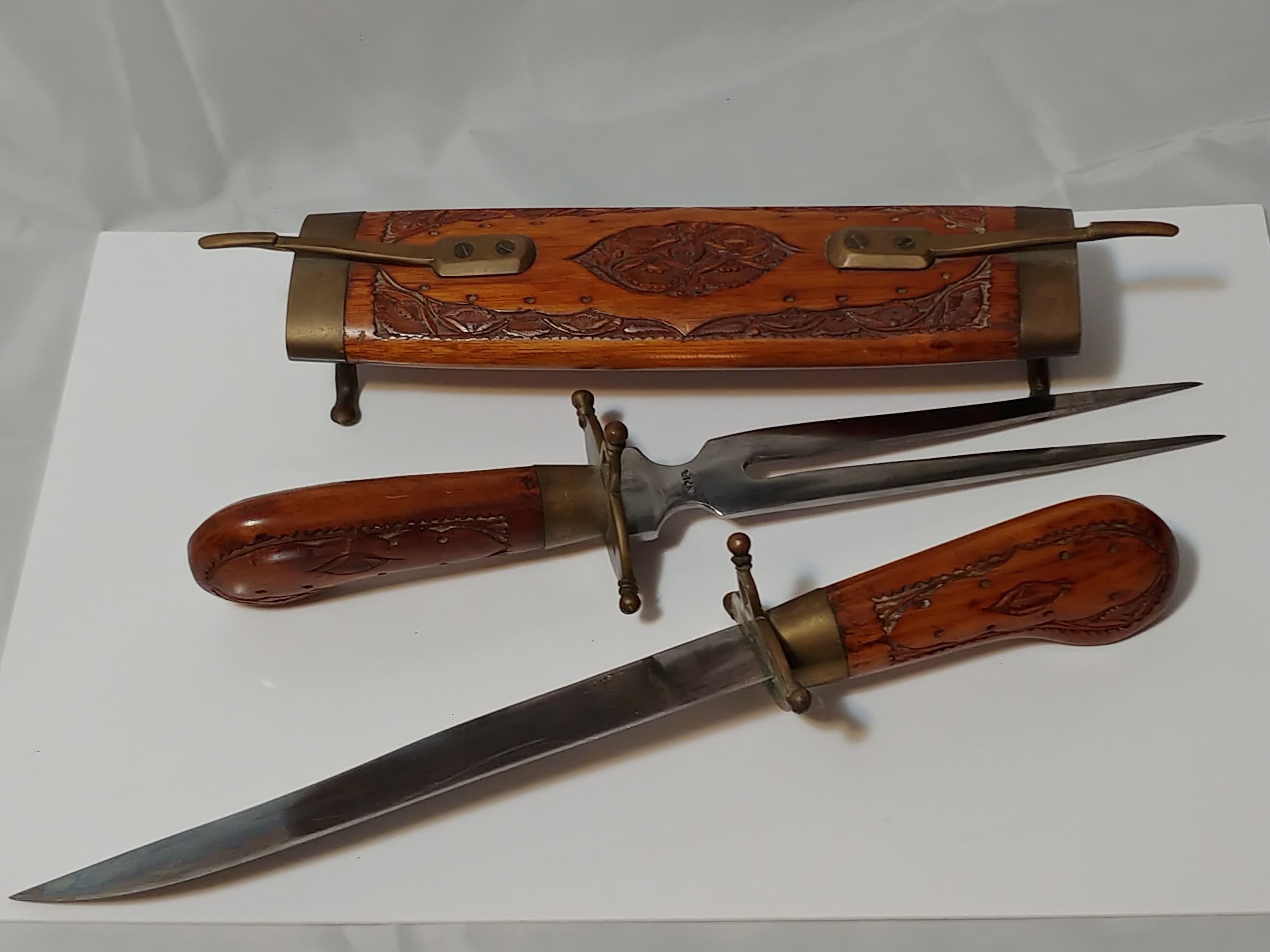Antique Indian Rosewood and Brass Carving Set Fork and Knife Etsy