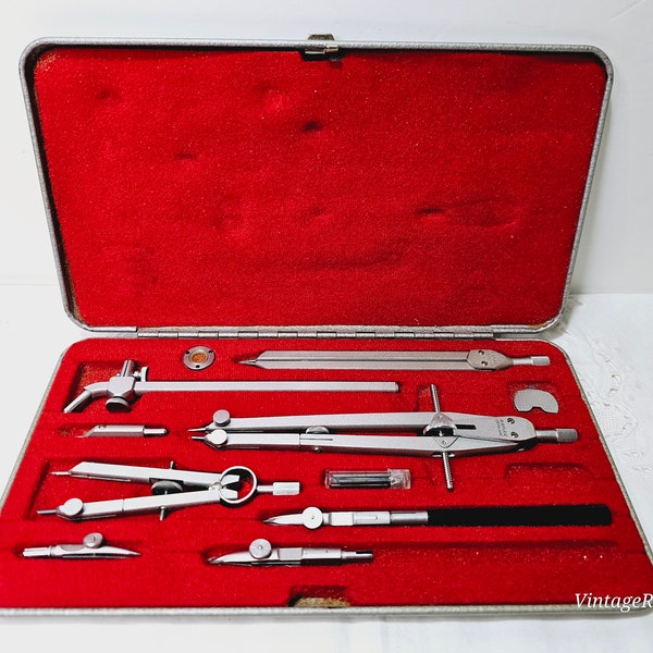 Vintage Riefler Drafting Tool Drawing Set 1950's Original Metal Case - Professional Drafting Drawing Compass Set - Made in Germany