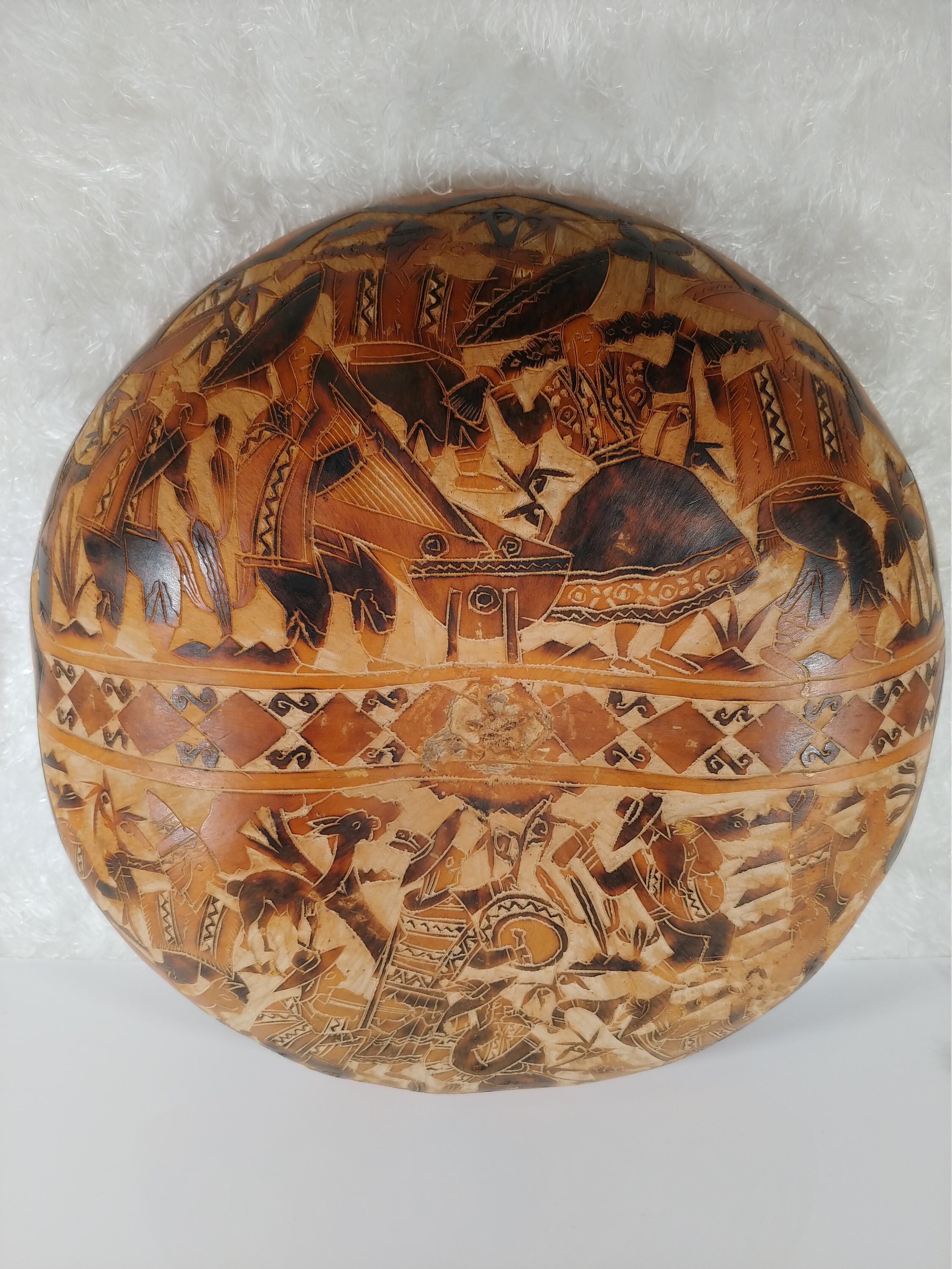 Primitive Folk Art Vintage Pyrography Art on Calabash Gourd Chad Hand Carved Bowl Gallery Wall Hanging Tribal Artwork Natural Decor