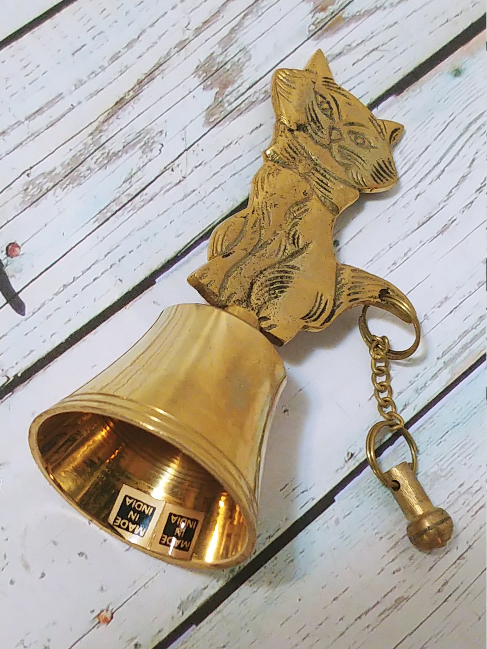 Vintage Brass Dinner Bell with Kitten Cat Motif Made in Etsy